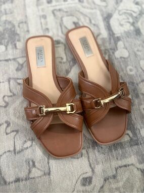 STEVEN New York Hellen Brown Gold Hardware Slide Sandals‎ Size 8
